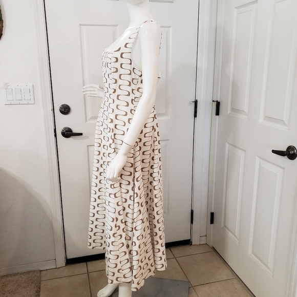 Christian Lacroix White Linen Midi Dress With Brown Waves Print, Size S - Picture 3 of 8